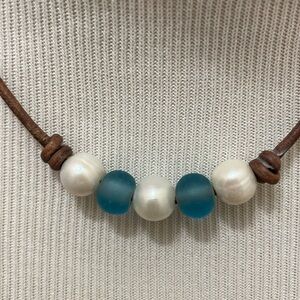 Freshwater Pearls, Blue Sea Glass, & Leather Necklace, Bracelet  & Earring